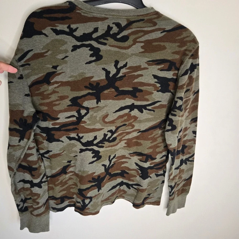 Polo Ralph Lauren Mens Camo Waffle Knit Thermal Long Sleeve Shirt Green Brown L